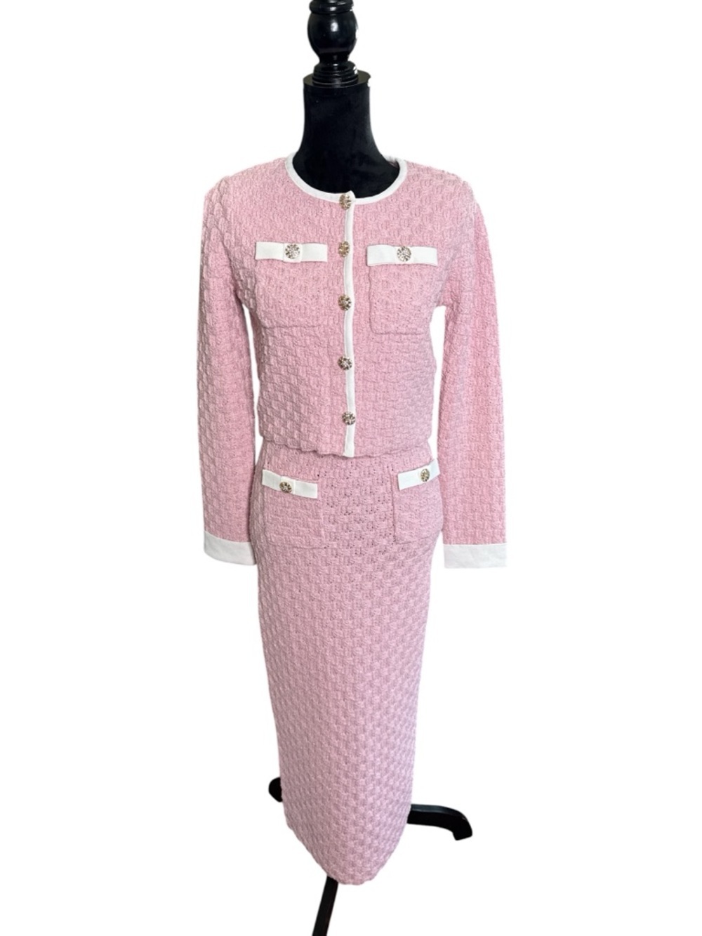 Mable Pink Tweed Knit Skirt Set Gold Button Cardigan Midi Set NWT - Picture 2 of 12